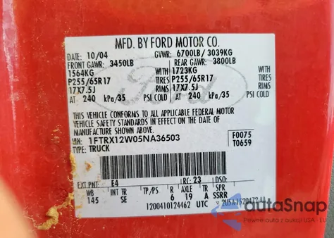 2005 Ford F150 from USA, damaged, VIN 1FTRX12W05NA36503
